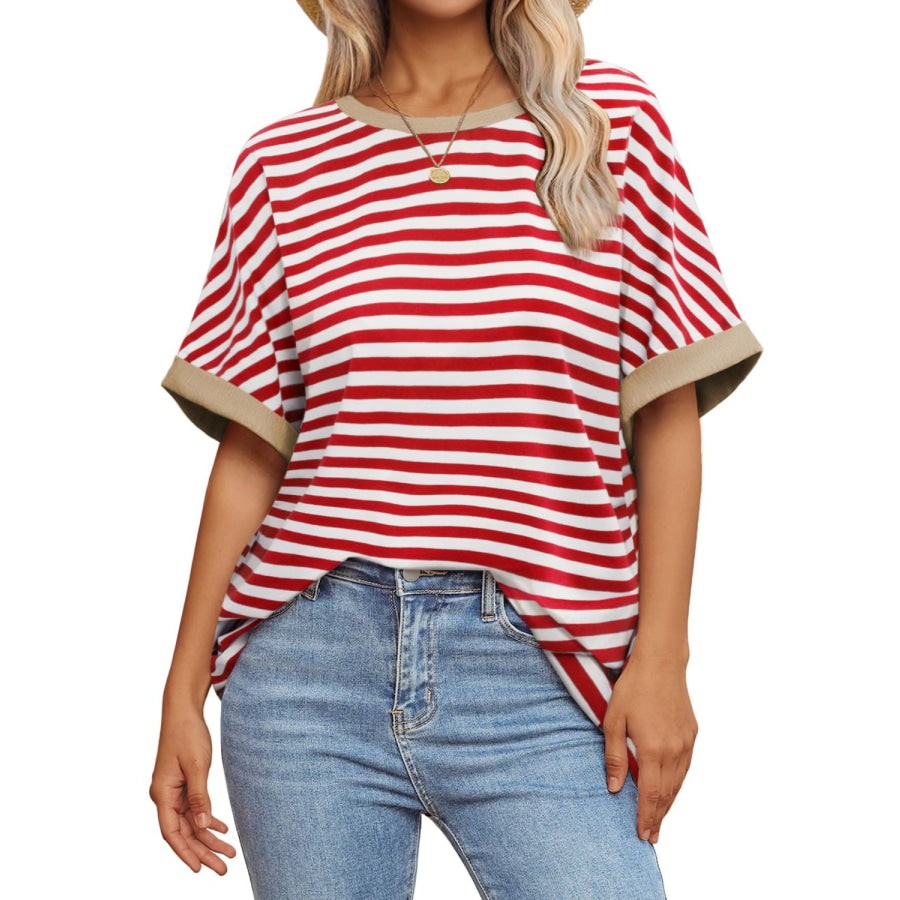 Contrast Striped Round Neck Half Sleeve T-Shirt Apparel and Accessories