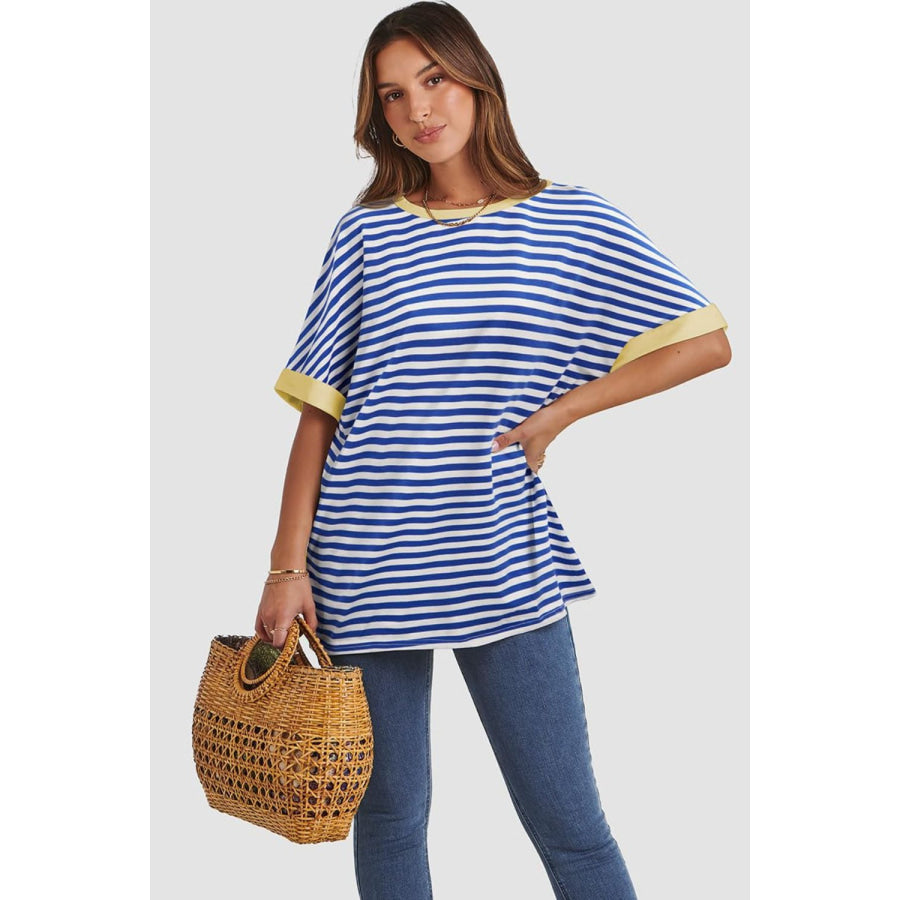 Contrast Striped Round Neck Half Sleeve T-Shirt Apparel and Accessories