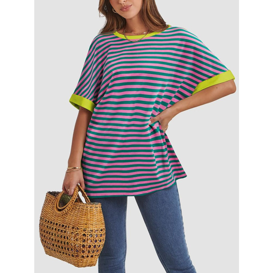 Contrast Striped Round Neck Half Sleeve T-Shirt Apparel and Accessories