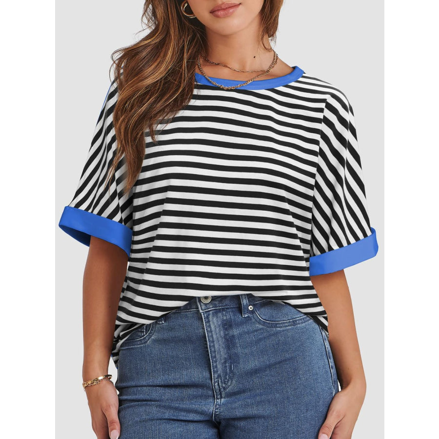 Contrast Striped Round Neck Half Sleeve T-Shirt Black/White / S Apparel and Accessories