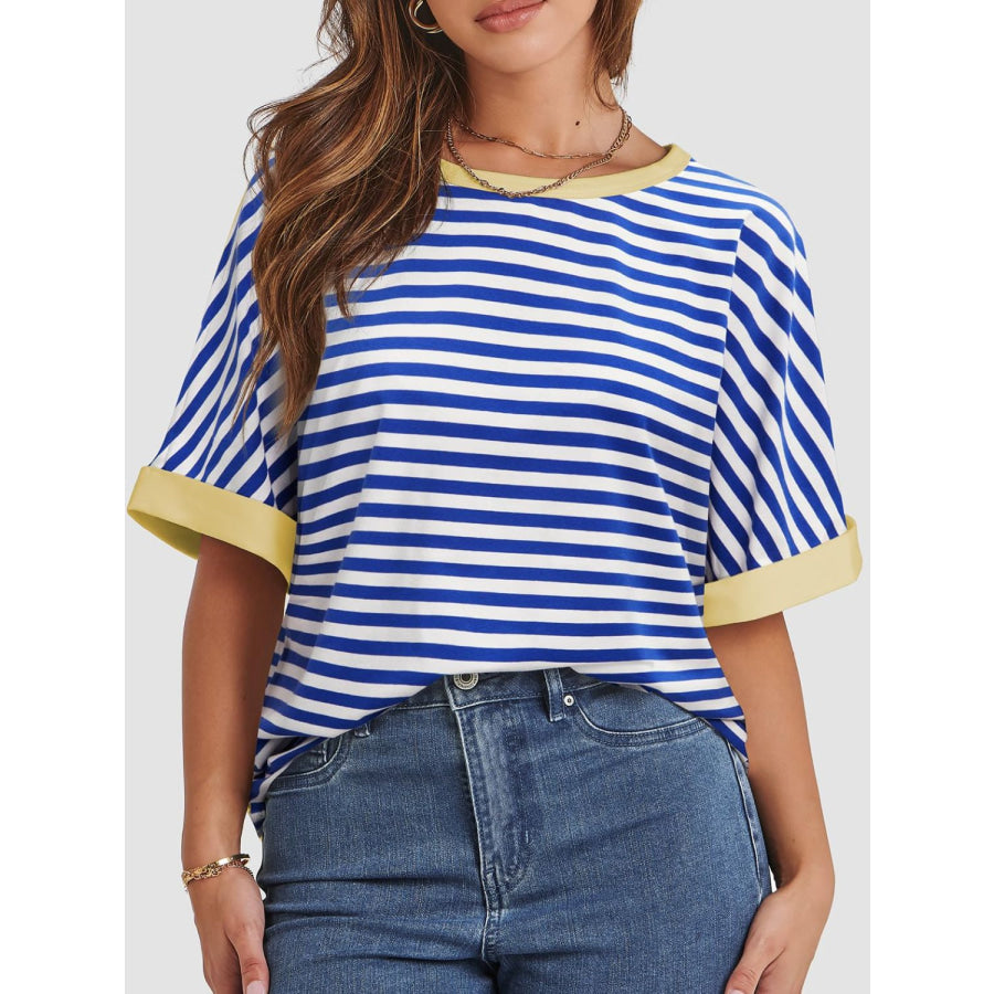 Contrast Striped Round Neck Half Sleeve T-Shirt Blue/White / S Apparel and Accessories