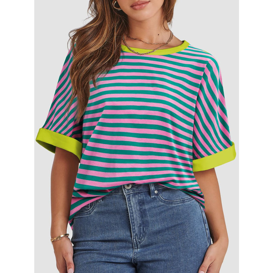 Contrast Striped Round Neck Half Sleeve T-Shirt Green/Pink / S Apparel and Accessories