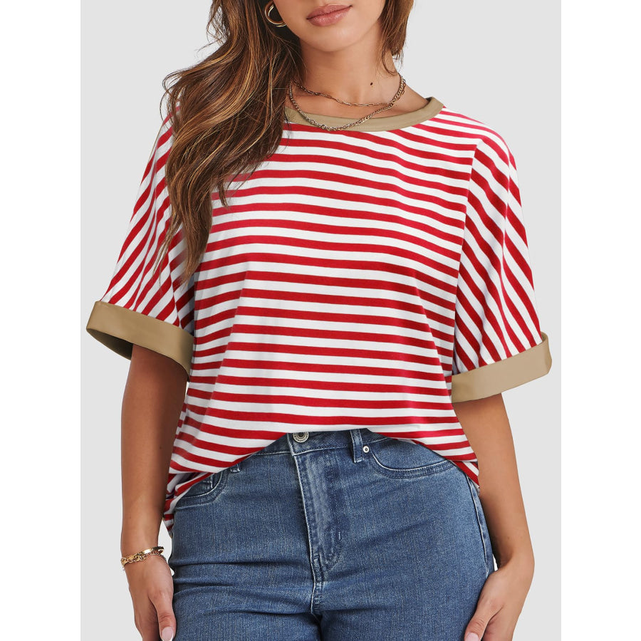 Contrast Striped Round Neck Half Sleeve T-Shirt Red/White / S Apparel and Accessories