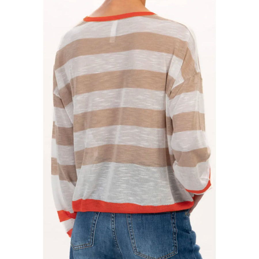 Contrast Striped Round Neck Long Sleeve Knit Top Apparel and Accessories