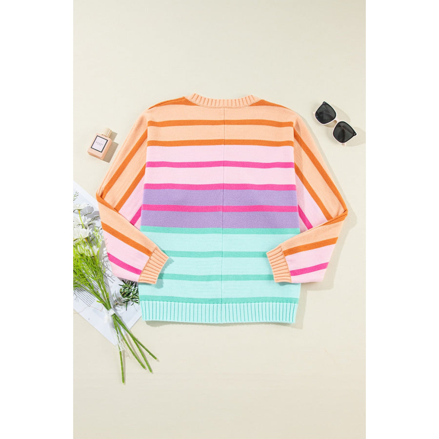 Contrast Striped Round Neck Long Sleeve Knit Top Apparel and Accessories