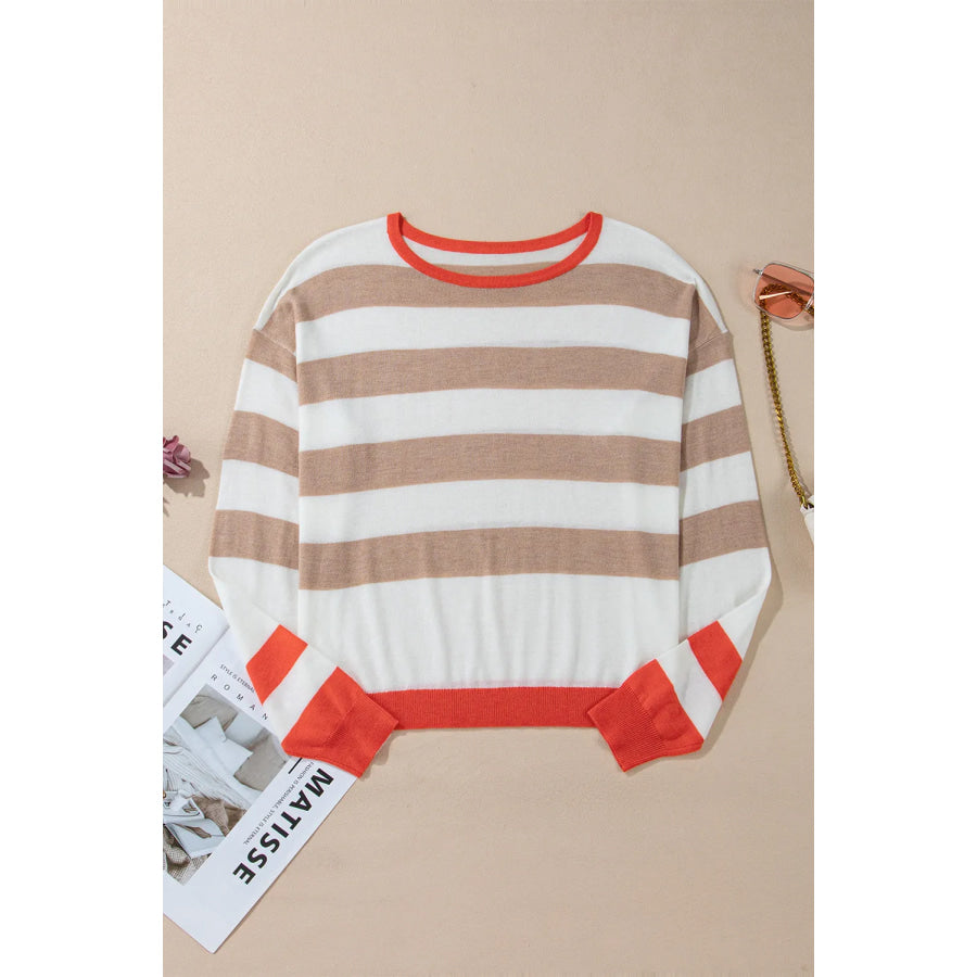 Contrast Striped Round Neck Long Sleeve Knit Top Apparel and Accessories