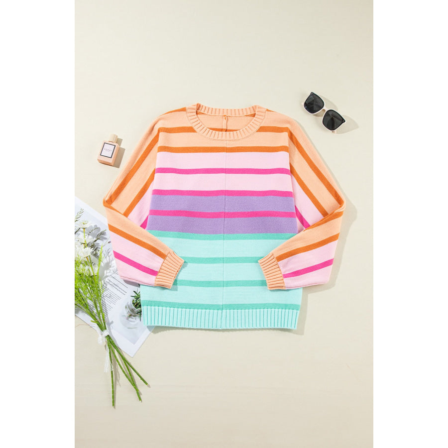 Contrast Striped Round Neck Long Sleeve Knit Top Sherbet / S Apparel and Accessories