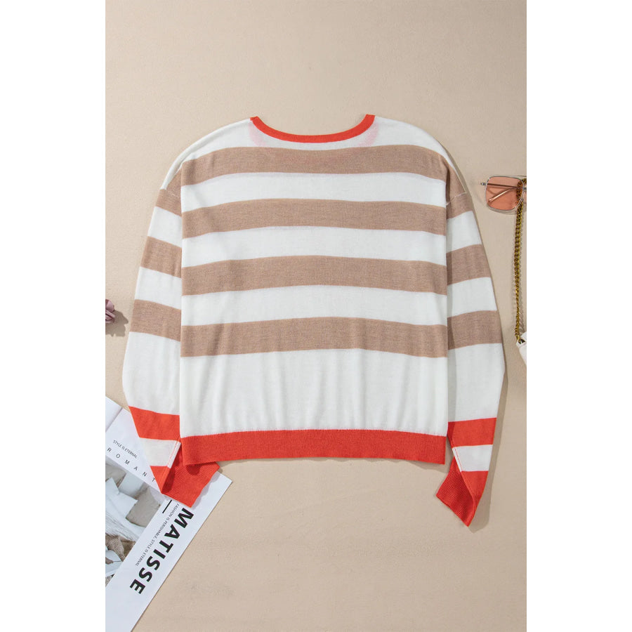 Contrast Striped Round Neck Long Sleeve Knit Top Apparel and Accessories