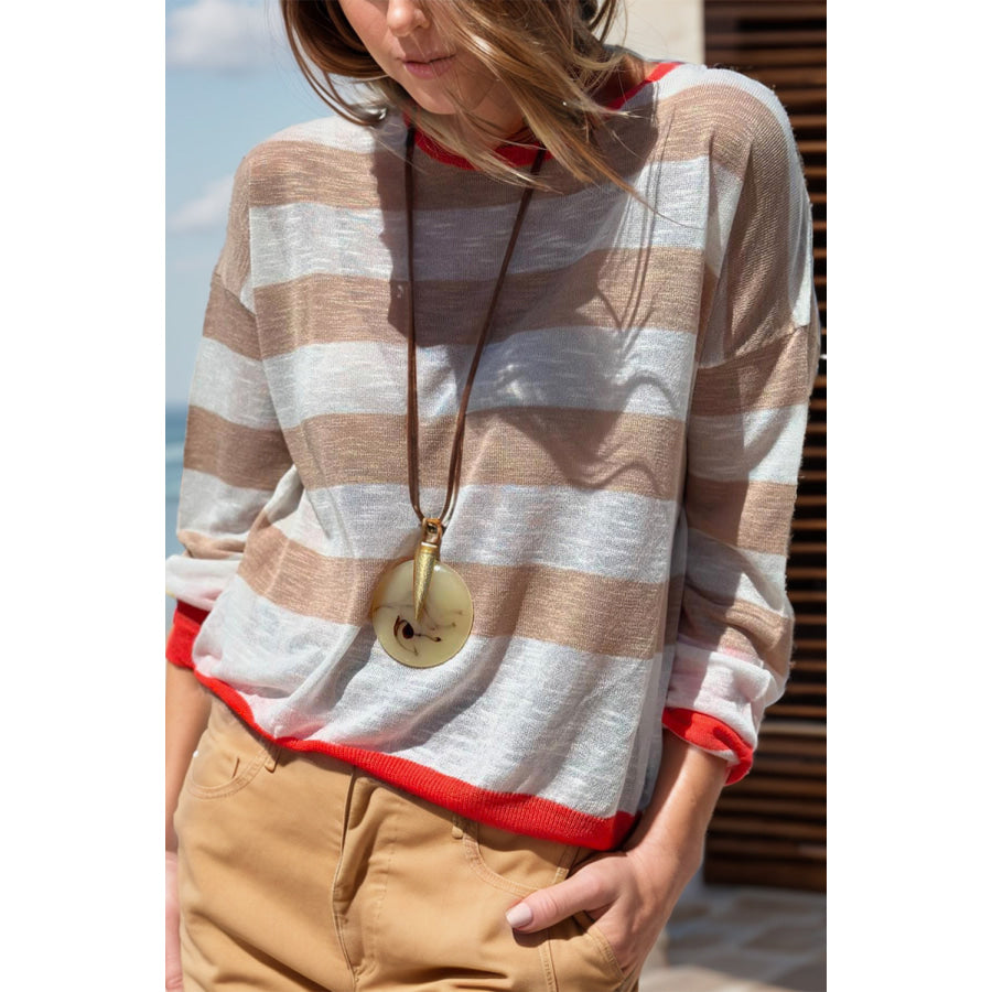 Contrast Striped Round Neck Long Sleeve Knit Top Camel / S Apparel and Accessories