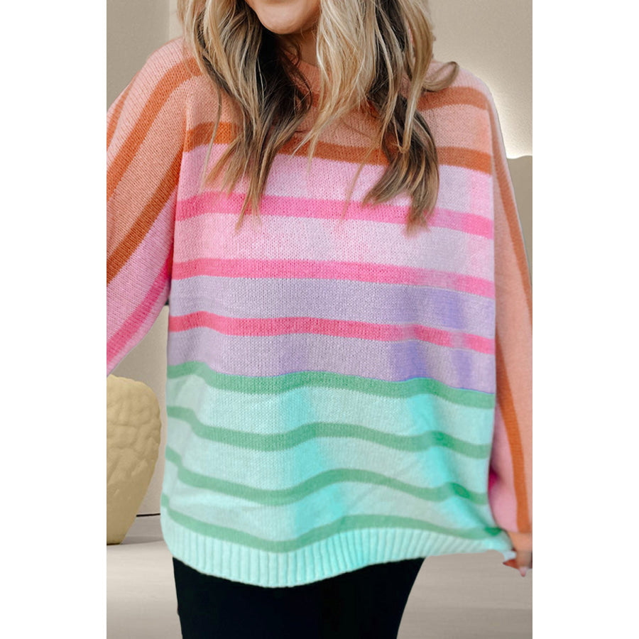 Contrast Striped Round Neck Long Sleeve Knit Top Sherbet / S Apparel and Accessories