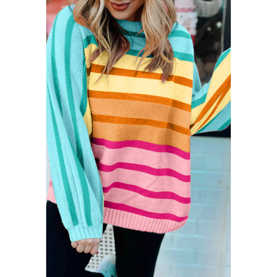 Contrast Striped Round Neck Long Sleeve Knit Top Turquoise / S Apparel and Accessories