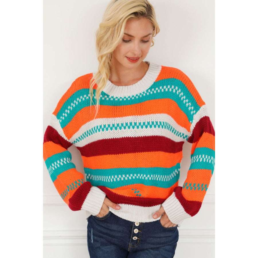 Contrast Striped Round Neck Long Sleeve Sweater Apparel and Accessories