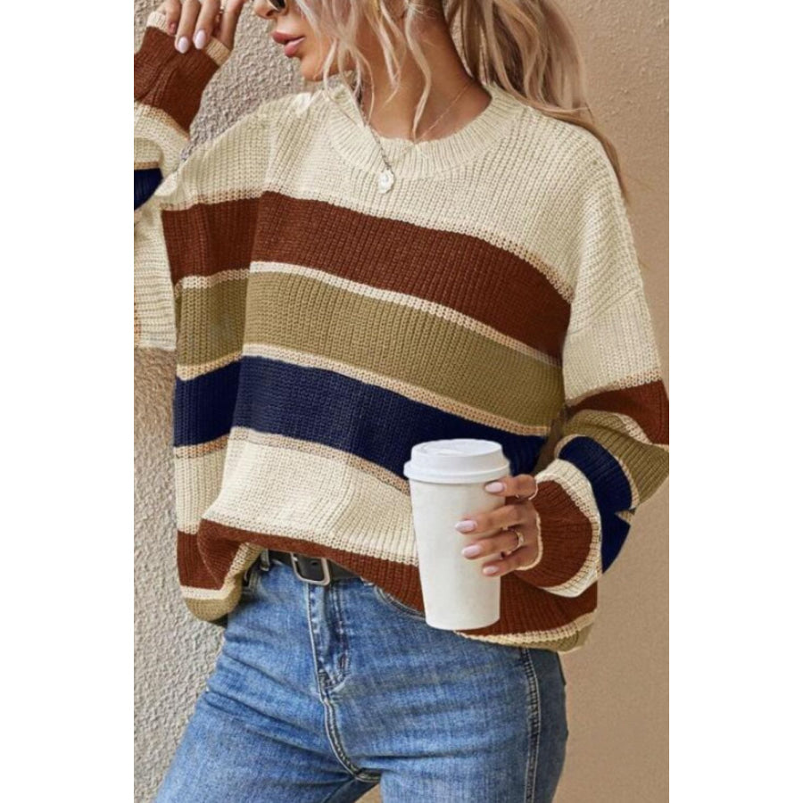 Contrast Striped Round Neck Long Sleeve Sweater Apparel and Accessories