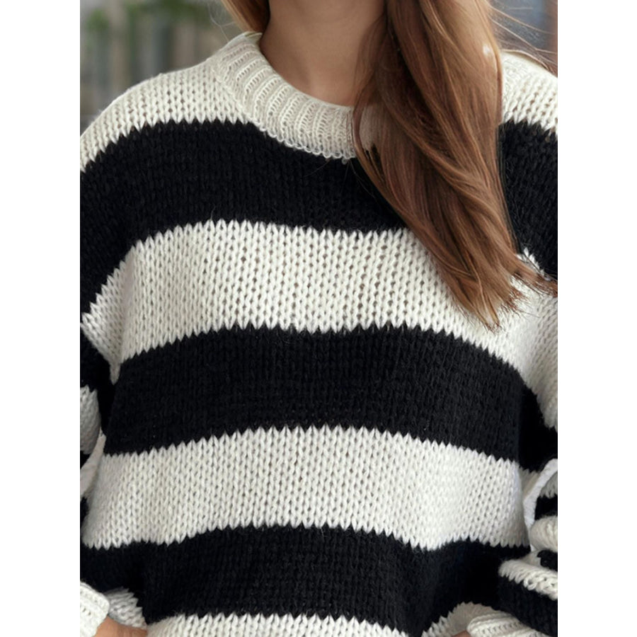 Contrast Striped Round Neck Long Sleeve Sweater Apparel and Accessories