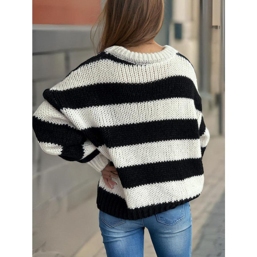 Contrast Striped Round Neck Long Sleeve Sweater Apparel and Accessories