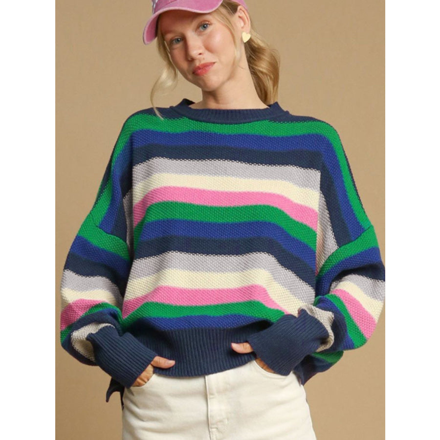 Contrast Striped Round Neck Long Sleeve Sweater Apparel and Accessories