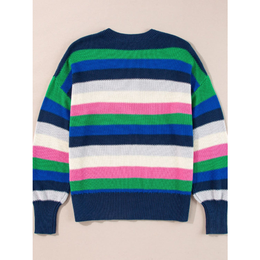 Contrast Striped Round Neck Long Sleeve Sweater Apparel and Accessories