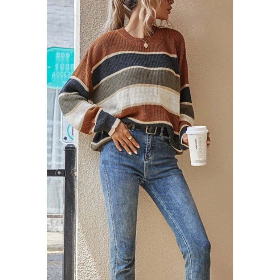 Contrast Striped Round Neck Long Sleeve Sweater Apparel and Accessories