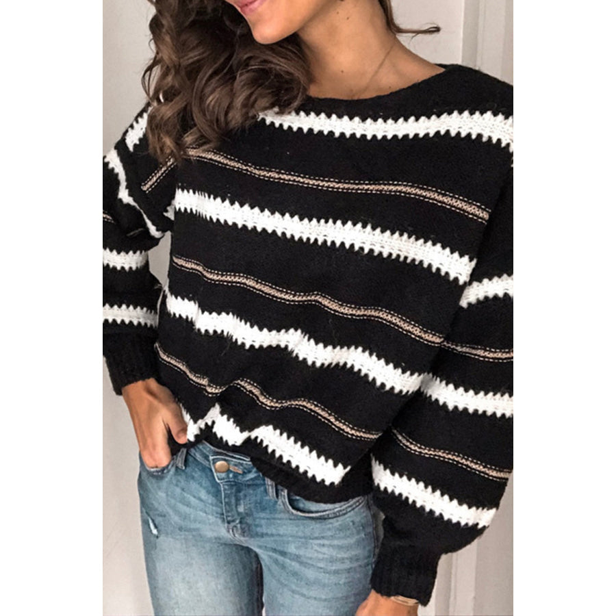 Contrast Striped Round Neck Long Sleeve Sweater Apparel and Accessories