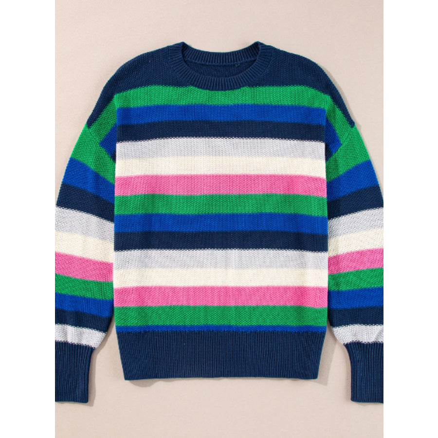 Contrast Striped Round Neck Long Sleeve Sweater Apparel and Accessories