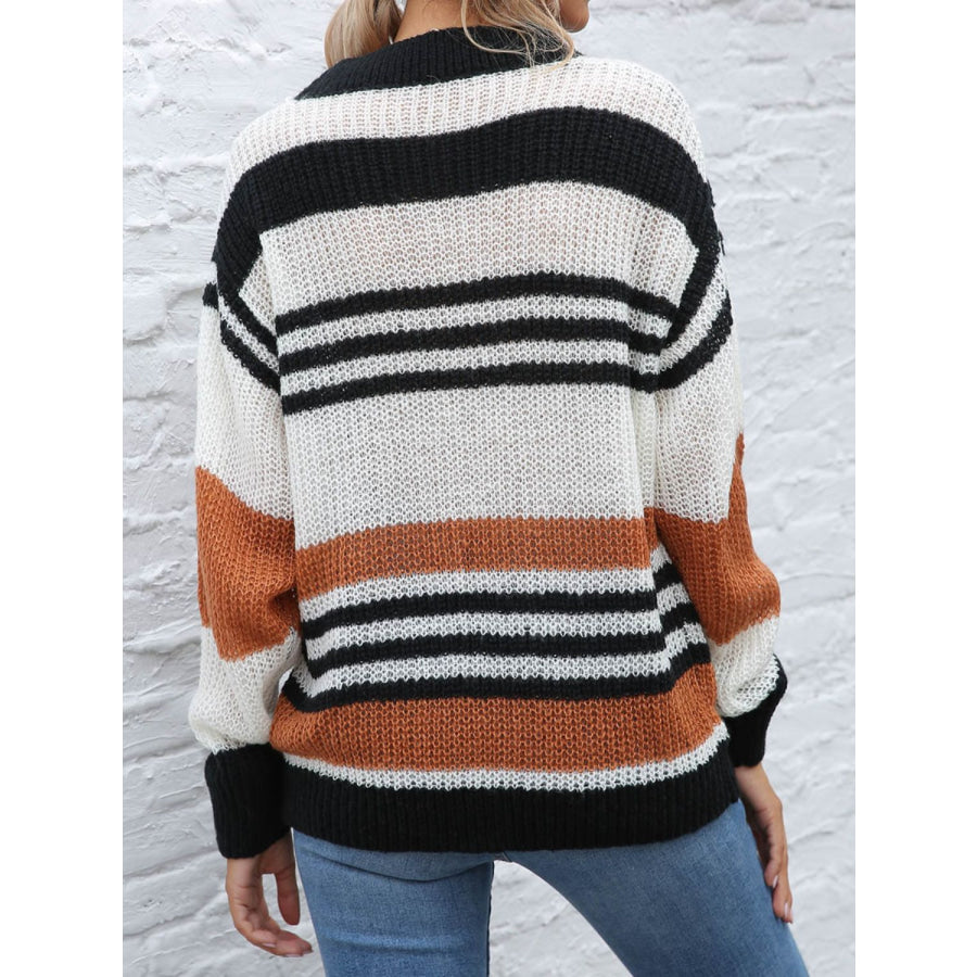 Contrast Striped Round Neck Long Sleeve Sweater Apparel and Accessories