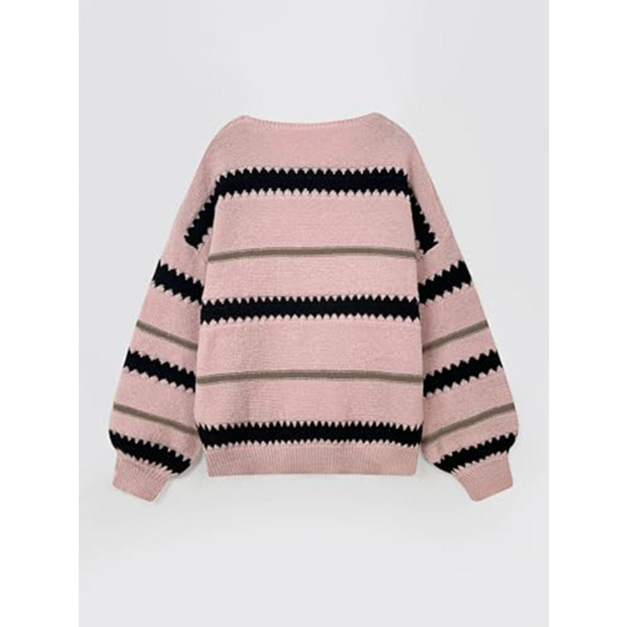 Contrast Striped Round Neck Long Sleeve Sweater Apparel and Accessories