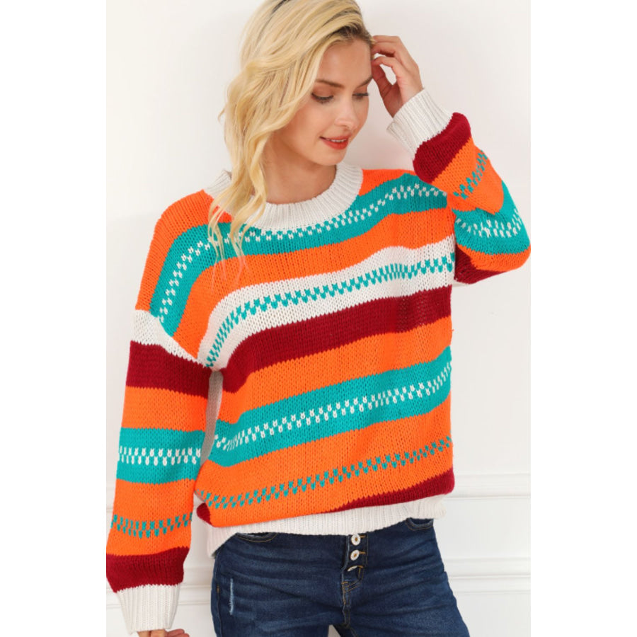 Contrast Striped Round Neck Long Sleeve Sweater Apparel and Accessories