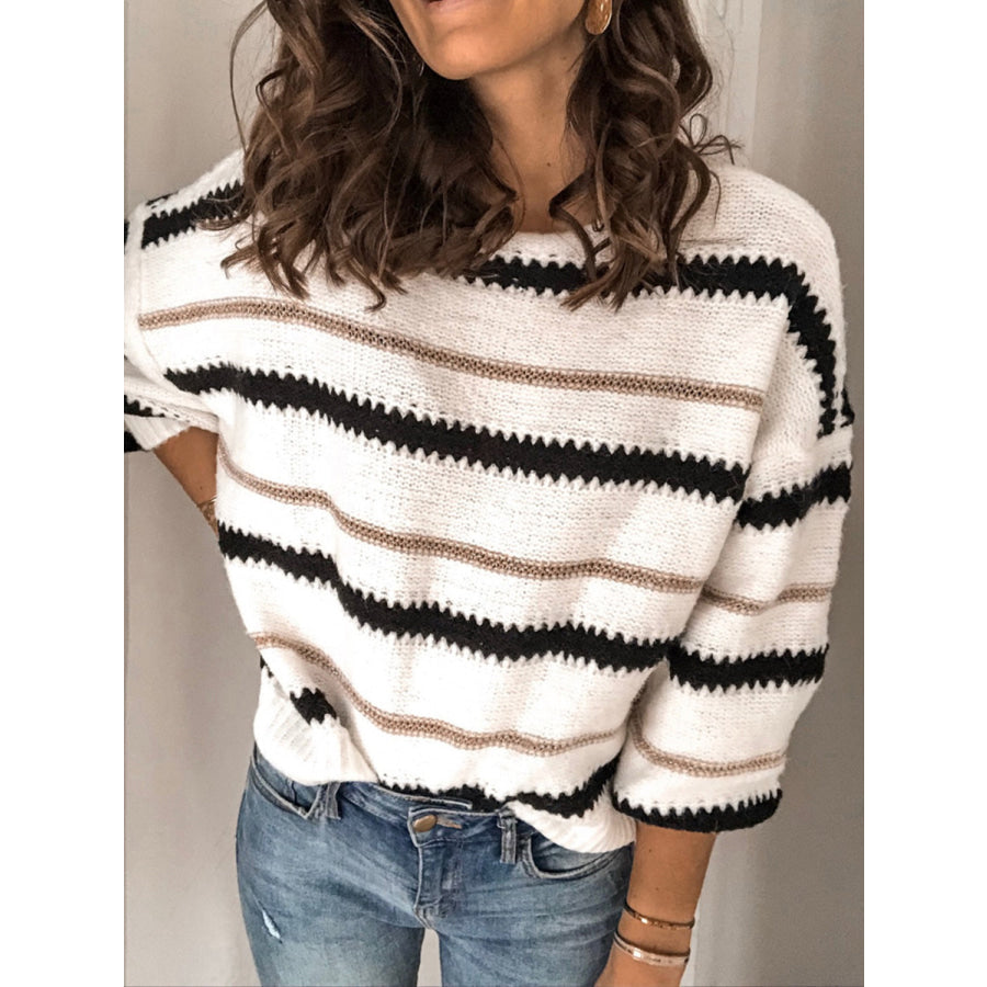 Contrast Striped Round Neck Long Sleeve Sweater Apparel and Accessories