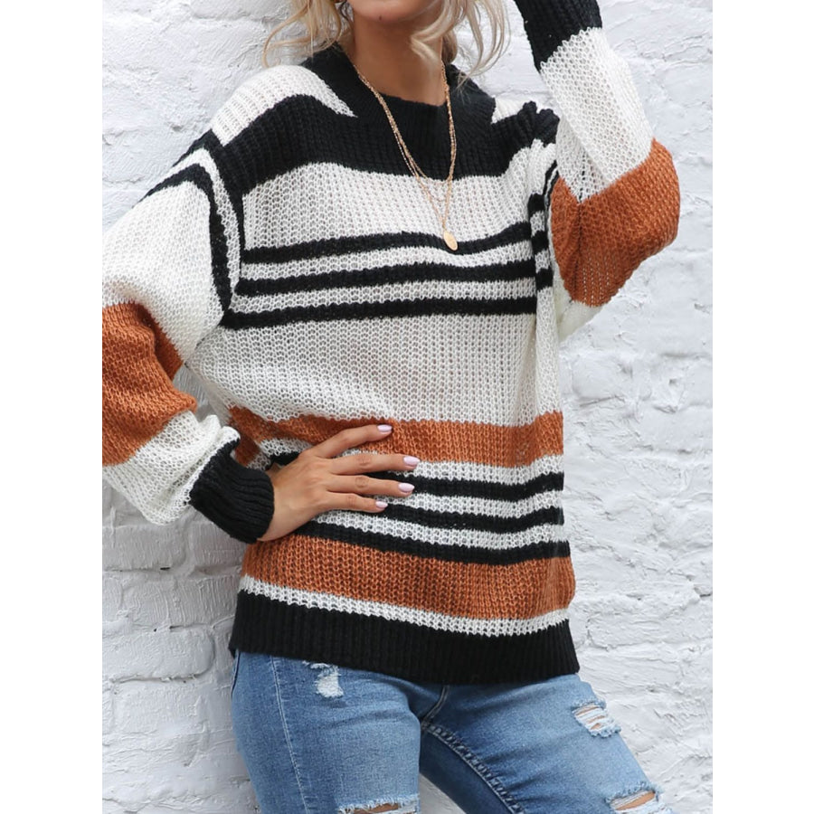 Contrast Striped Round Neck Long Sleeve Sweater Apparel and Accessories