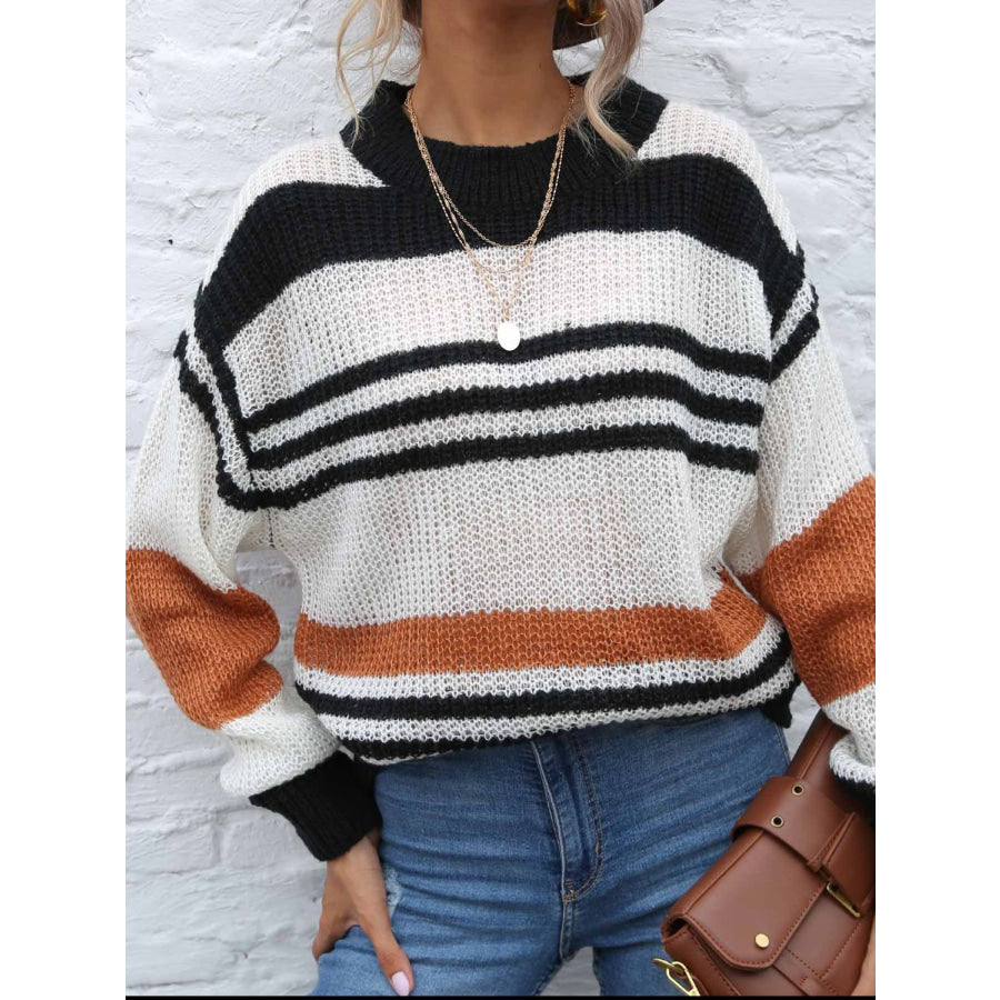 Contrast Striped Round Neck Long Sleeve Sweater Apparel and Accessories