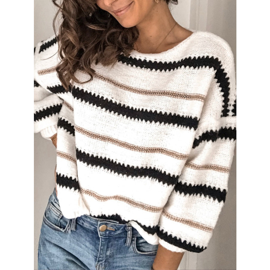 Contrast Striped Round Neck Long Sleeve Sweater Apparel and Accessories