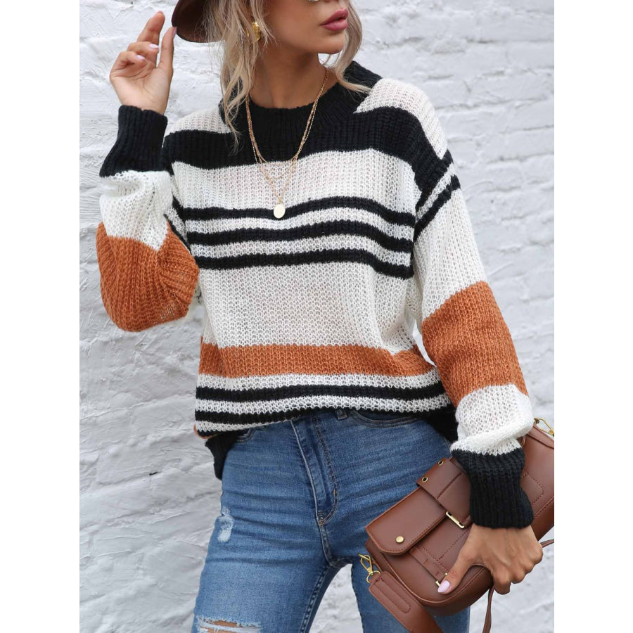 Contrast Striped Round Neck Long Sleeve Sweater Apparel and Accessories