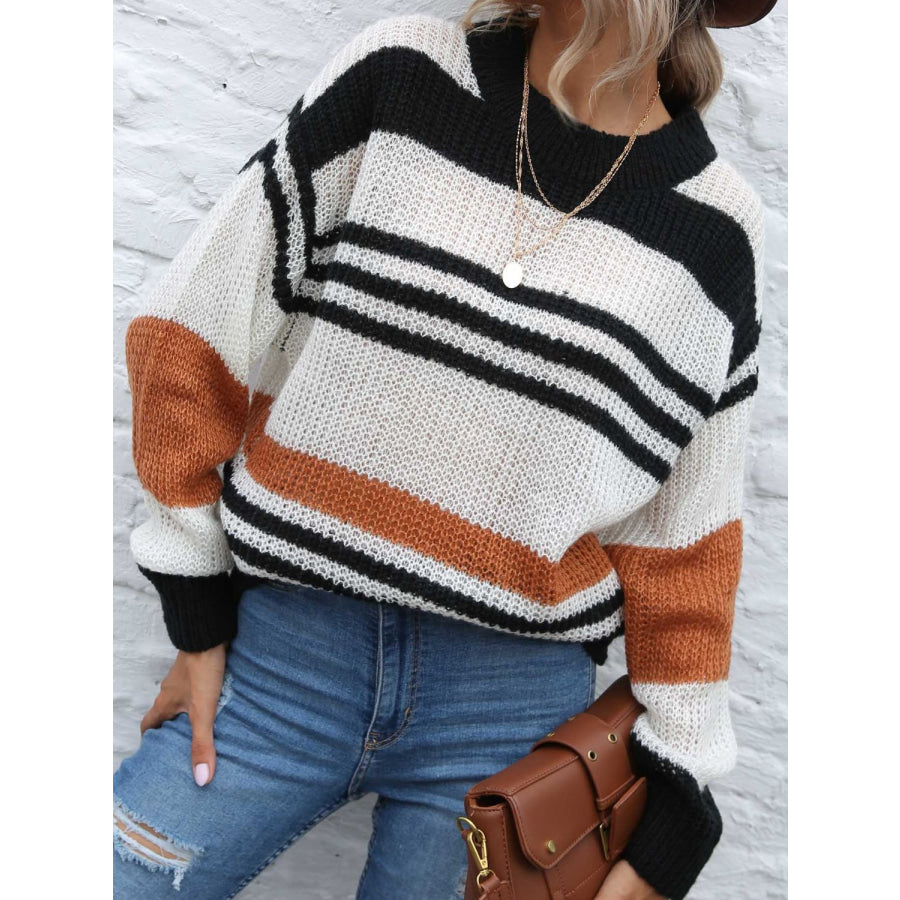 Contrast Striped Round Neck Long Sleeve Sweater Apparel and Accessories