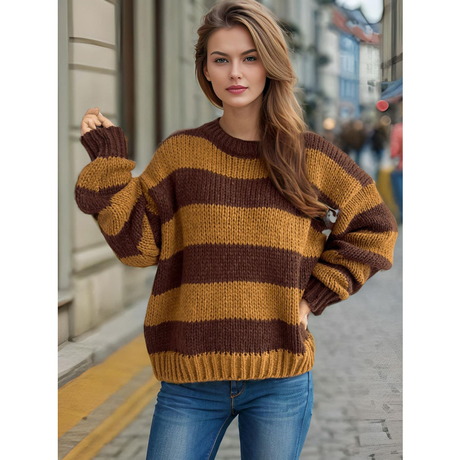 Contrast Striped Round Neck Long Sleeve Sweater Apparel and Accessories