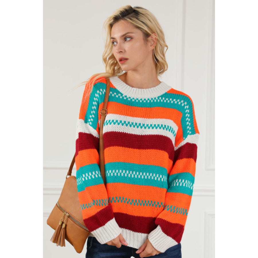 Contrast Striped Round Neck Long Sleeve Sweater Apparel and Accessories