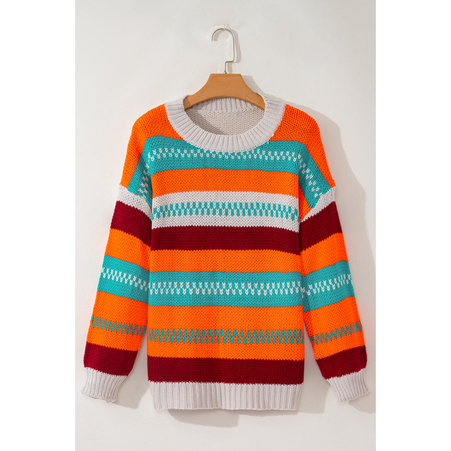 Contrast Striped Round Neck Long Sleeve Sweater Apparel and Accessories