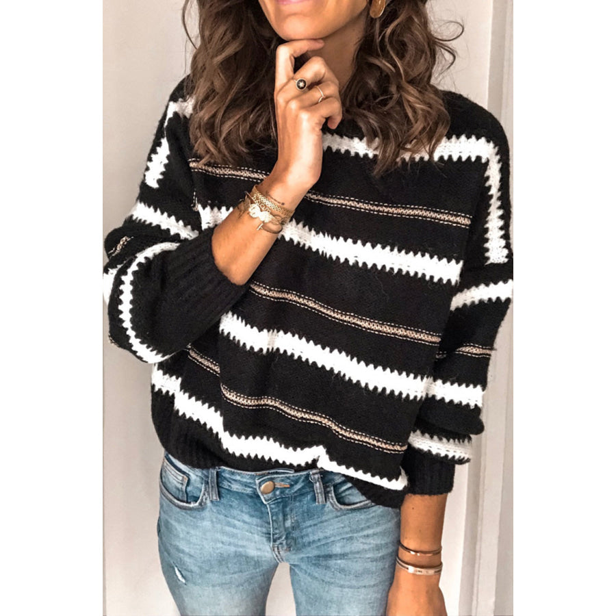 Contrast Striped Round Neck Long Sleeve Sweater Apparel and Accessories