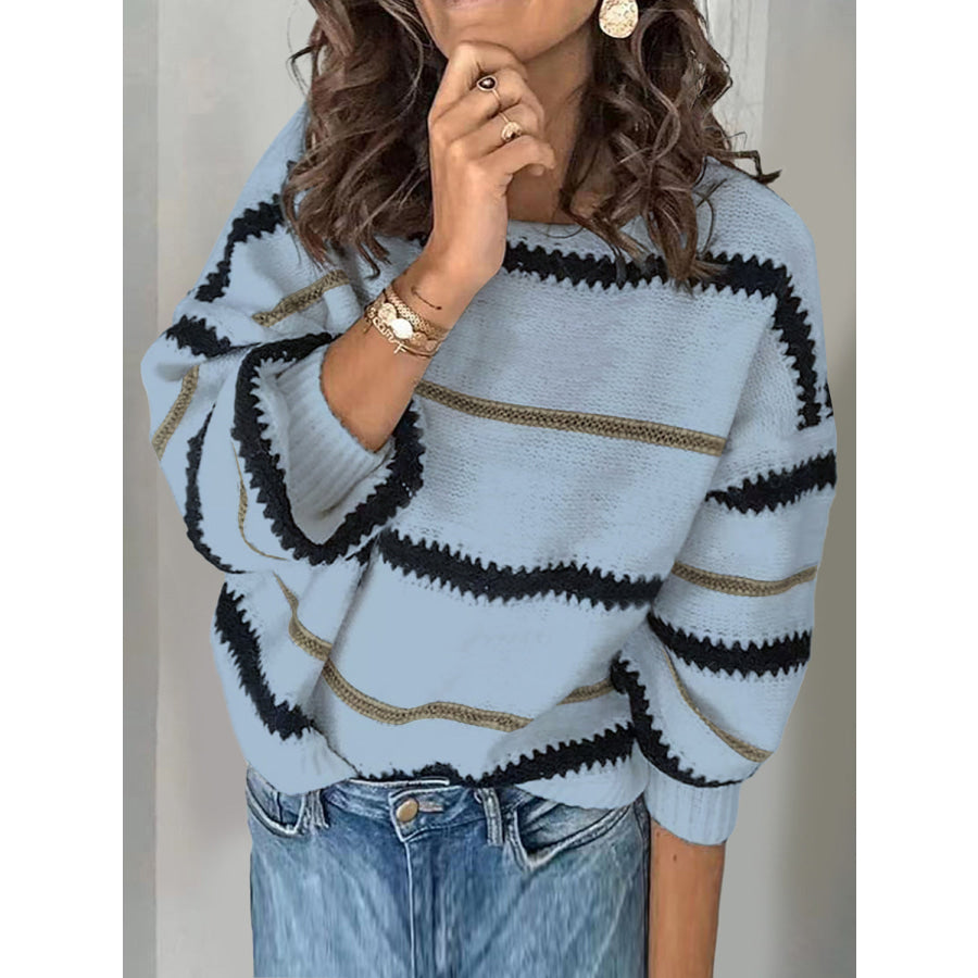 Contrast Striped Round Neck Long Sleeve Sweater Apparel and Accessories