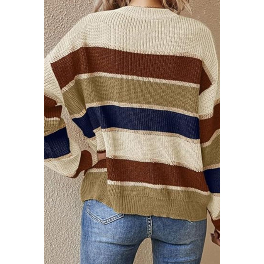 Contrast Striped Round Neck Long Sleeve Sweater Apparel and Accessories