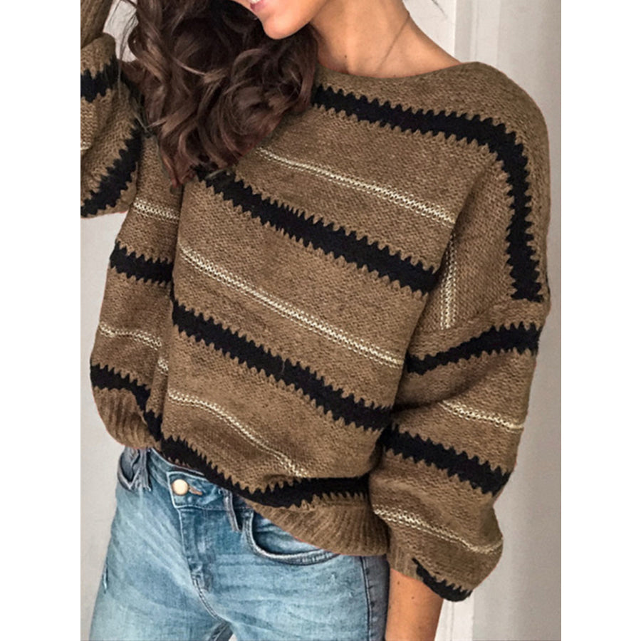 Contrast Striped Round Neck Long Sleeve Sweater Apparel and Accessories