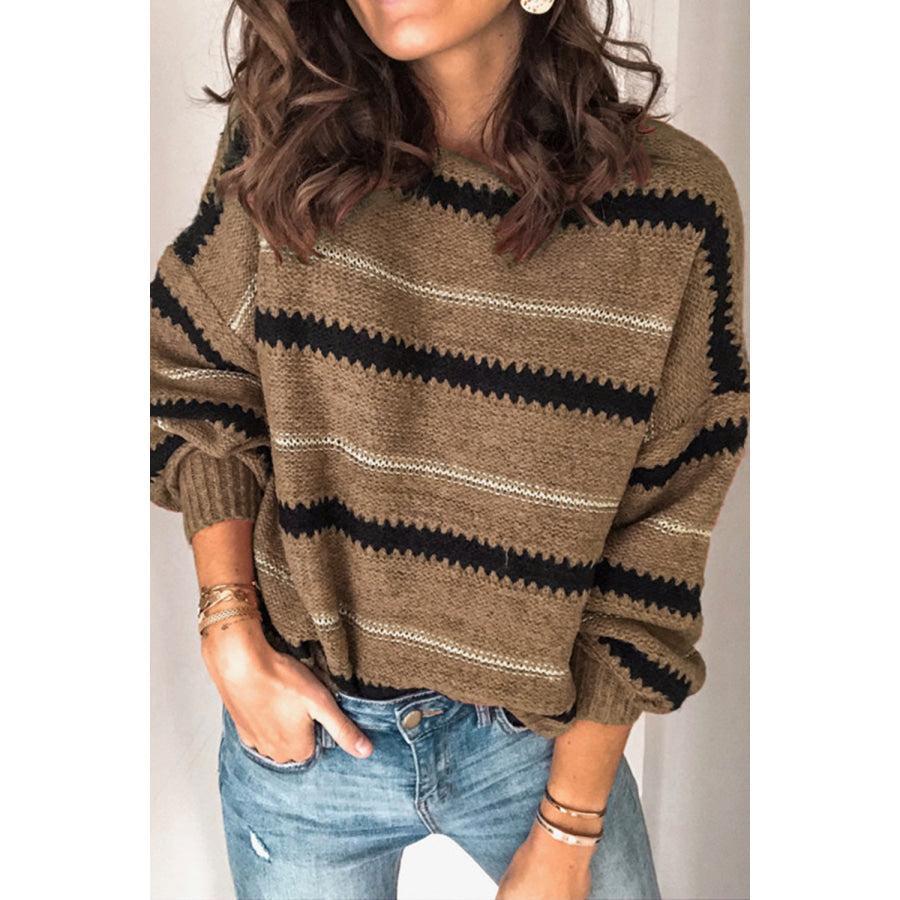 Contrast Striped Round Neck Long Sleeve Sweater Apparel and Accessories