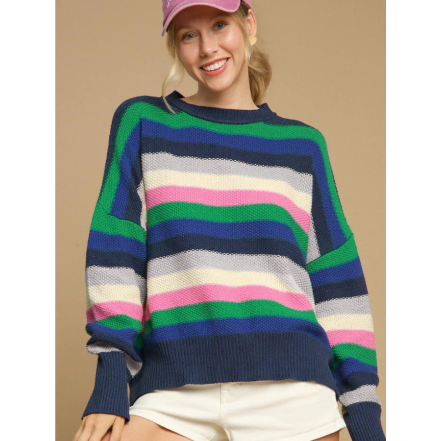 Contrast Striped Round Neck Long Sleeve Sweater Apparel and Accessories