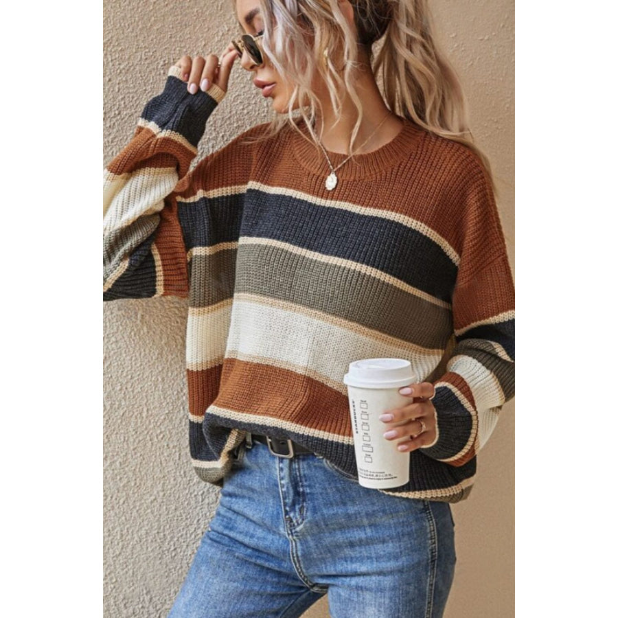 Contrast Striped Round Neck Long Sleeve Sweater Apparel and Accessories