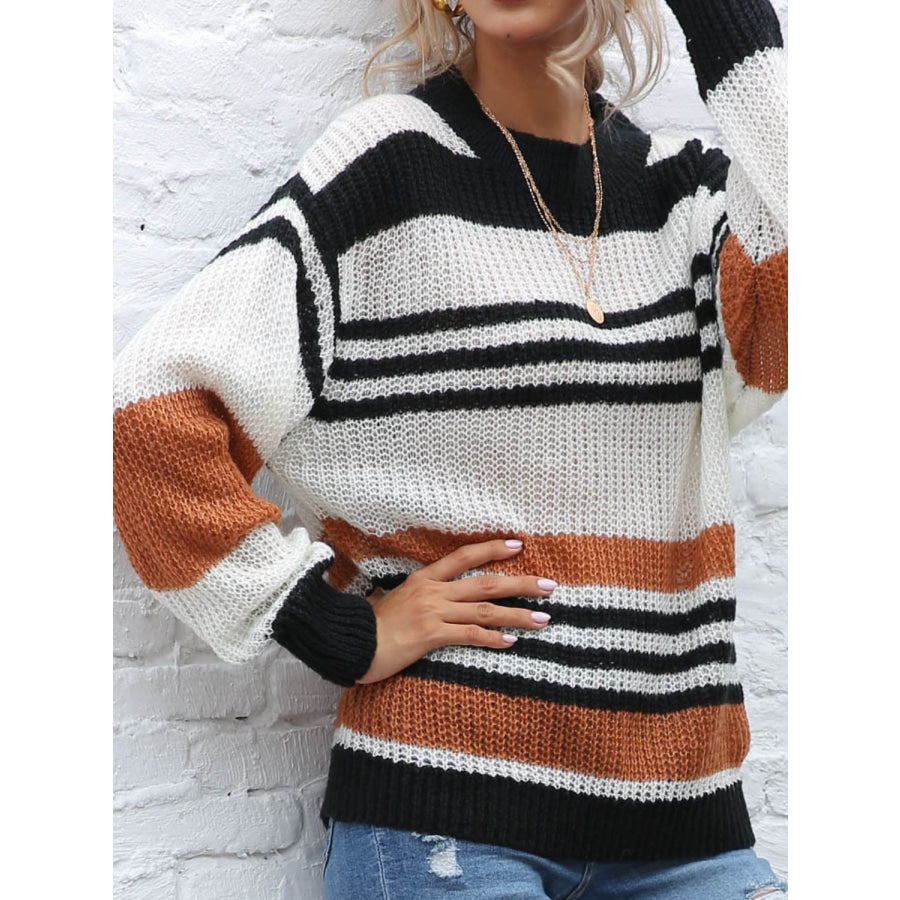 Contrast Striped Round Neck Long Sleeve Sweater Apparel and Accessories