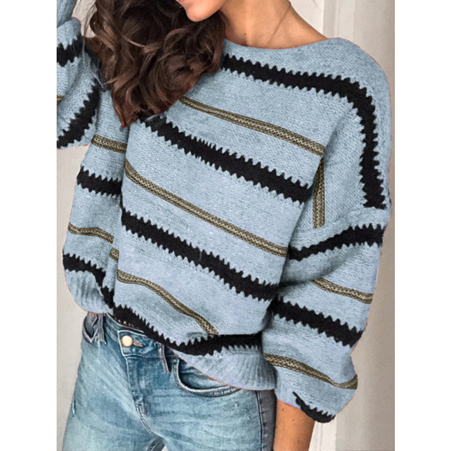 Contrast Striped Round Neck Long Sleeve Sweater Apparel and Accessories