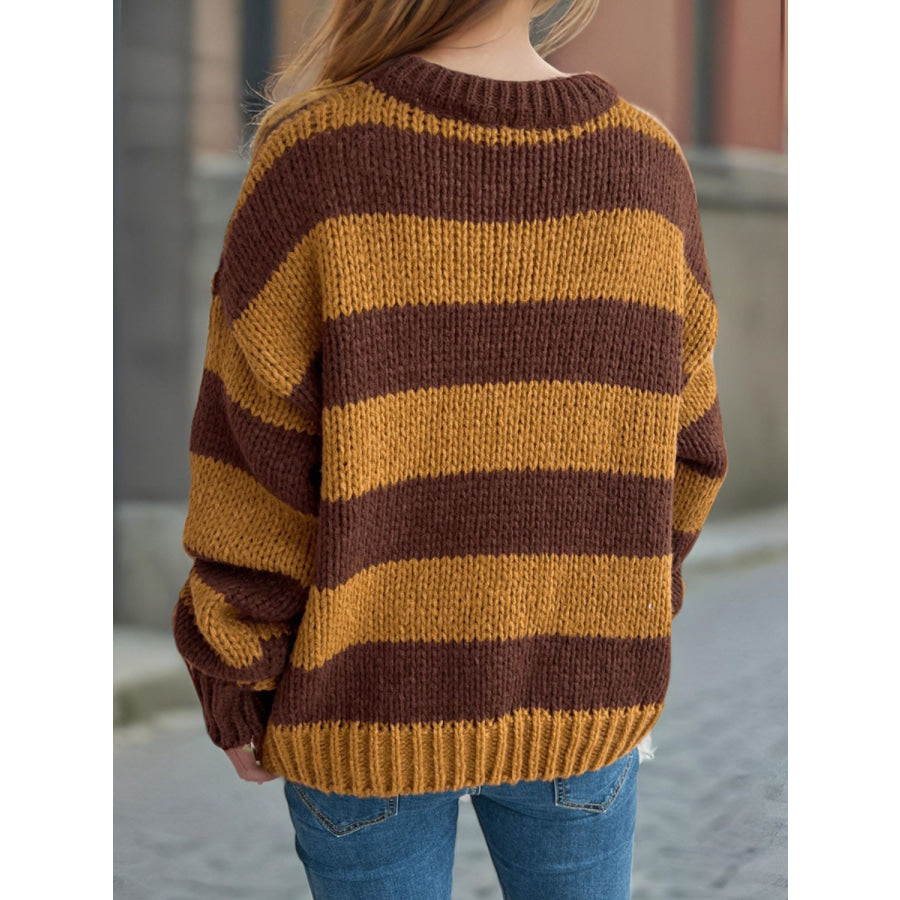 Contrast Striped Round Neck Long Sleeve Sweater Apparel and Accessories