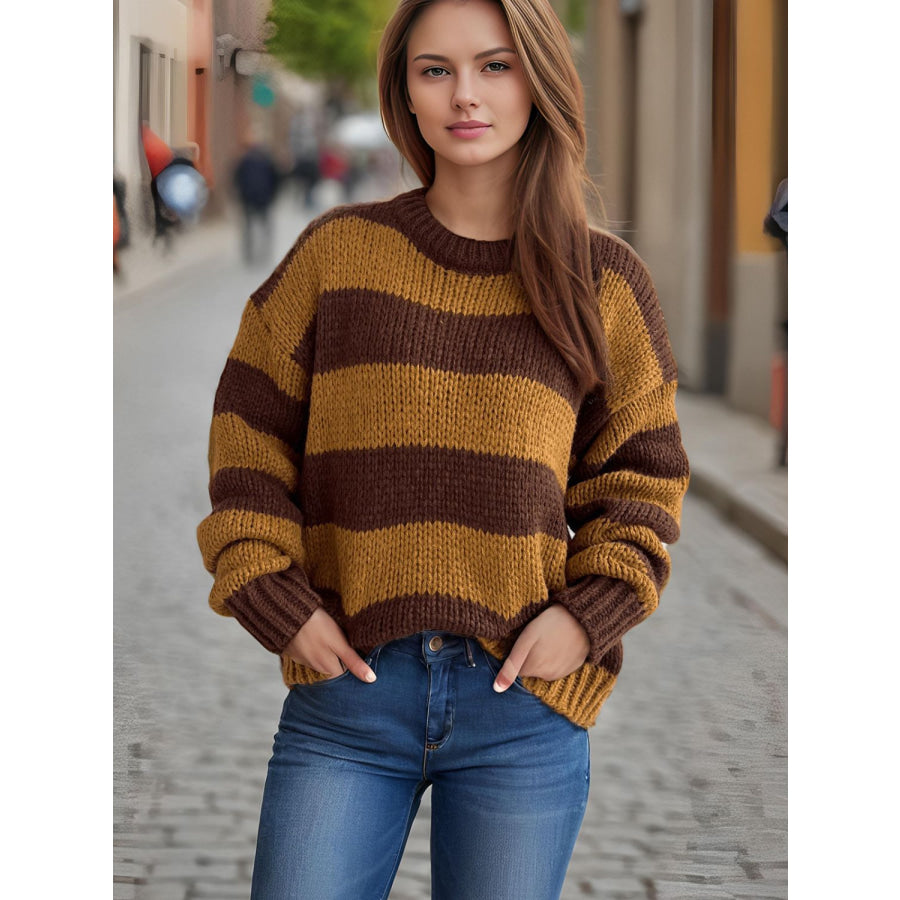 Contrast Striped Round Neck Long Sleeve Sweater Apparel and Accessories