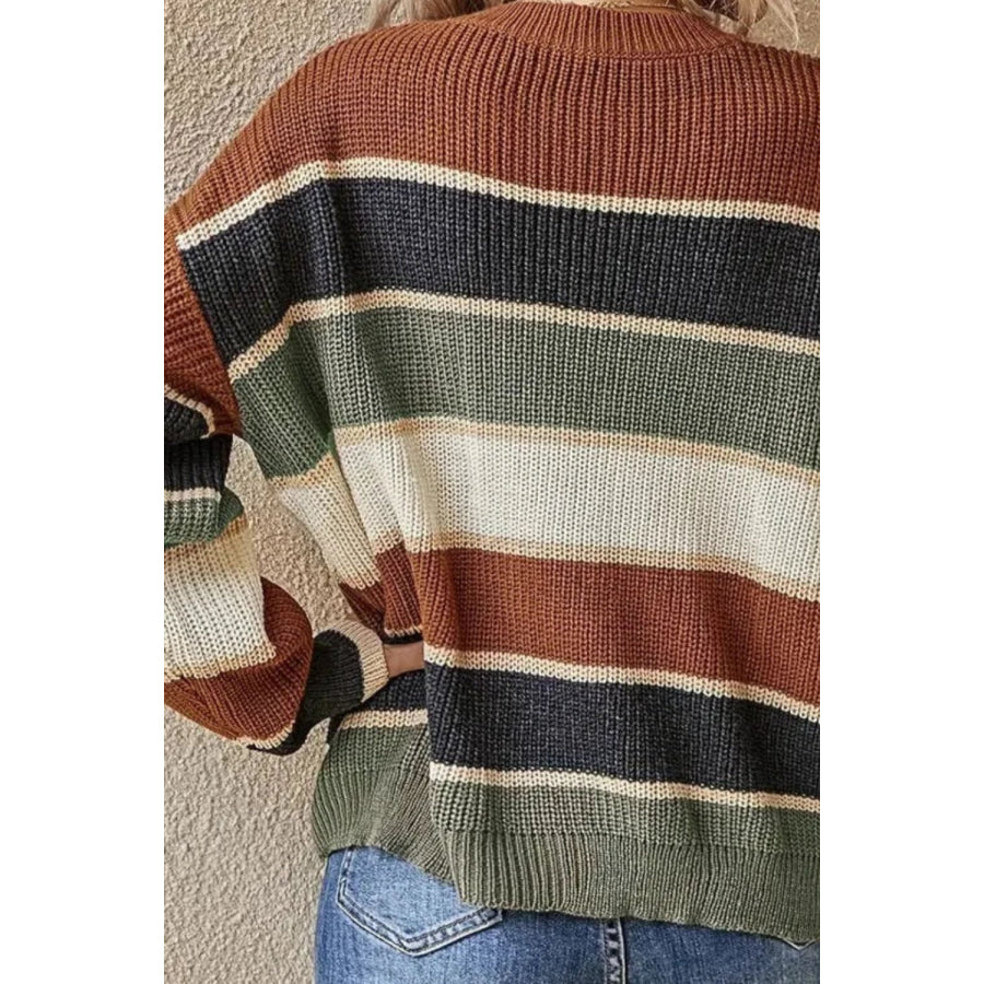 Contrast Striped Round Neck Long Sleeve Sweater Apparel and Accessories