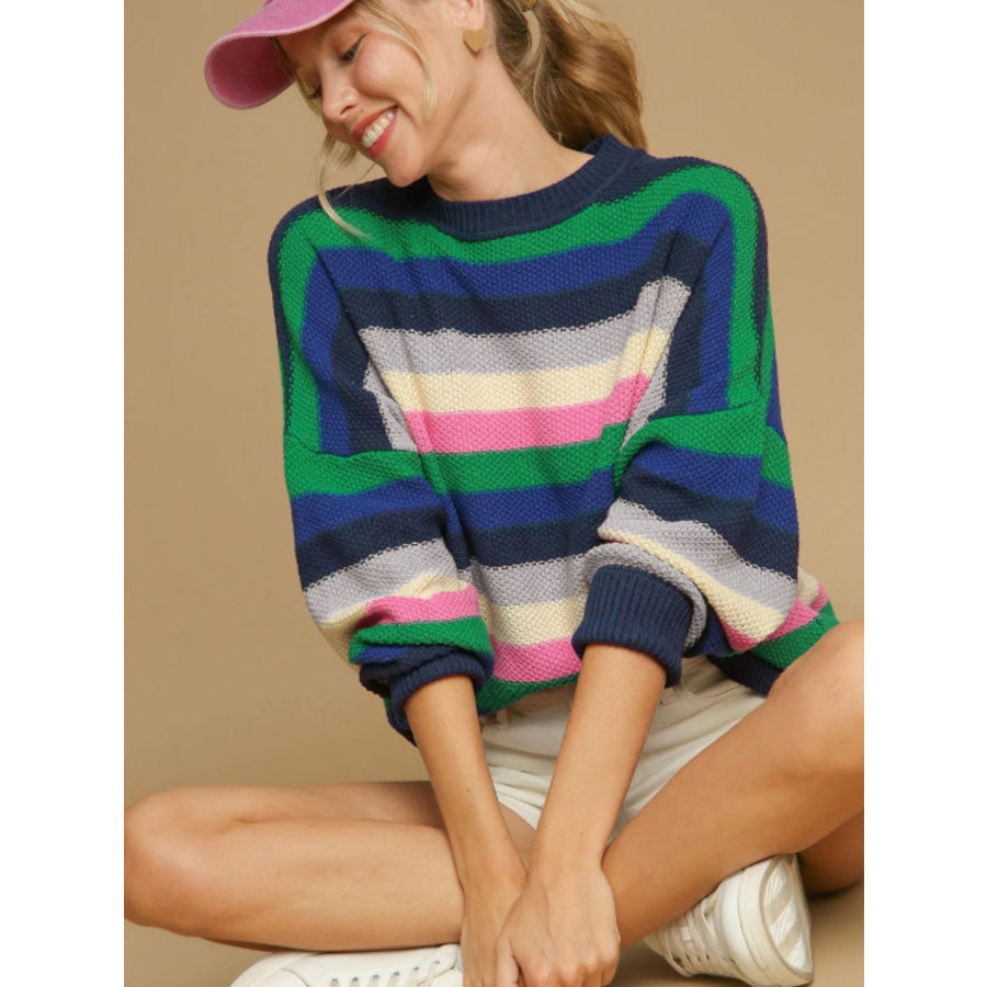 Contrast Striped Round Neck Long Sleeve Sweater Apparel and Accessories