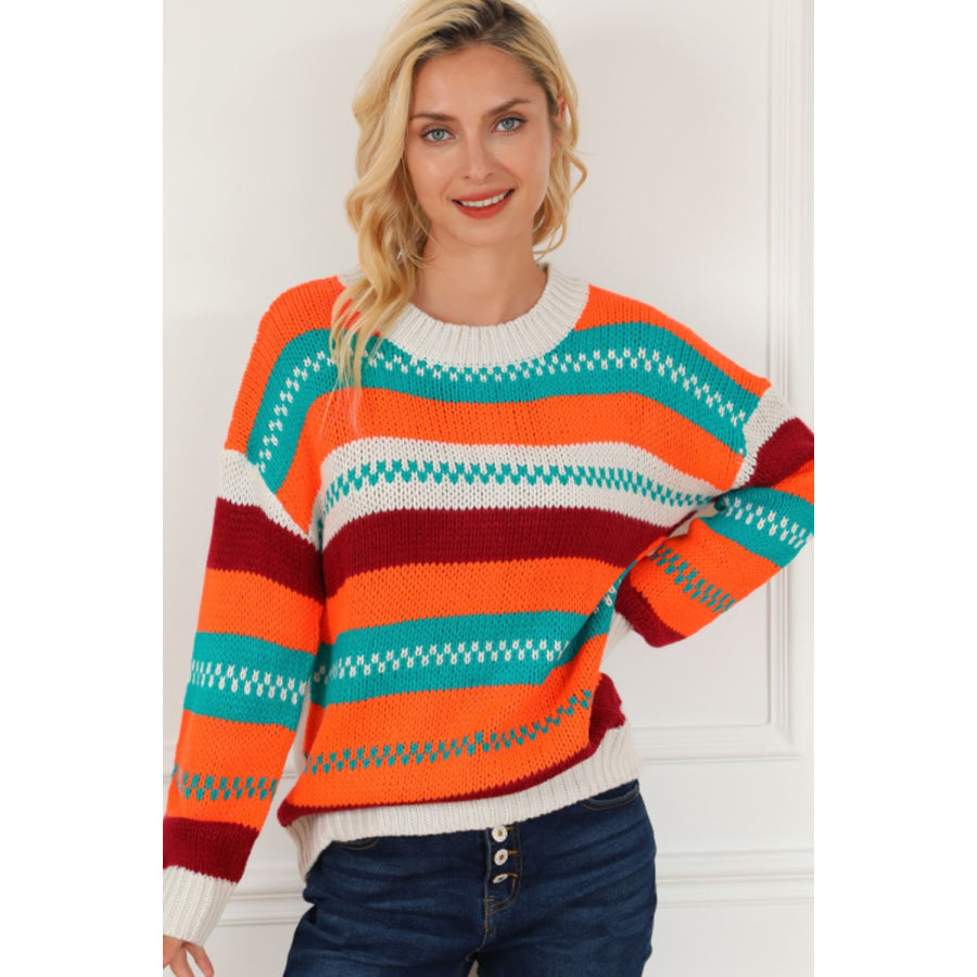 Contrast Striped Round Neck Long Sleeve Sweater Apparel and Accessories